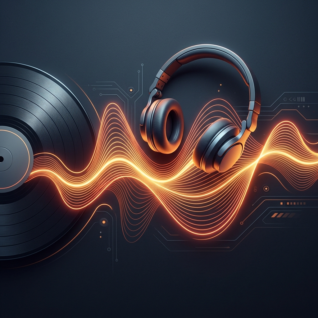 Disco y auriculares rodeados de ondas musicales