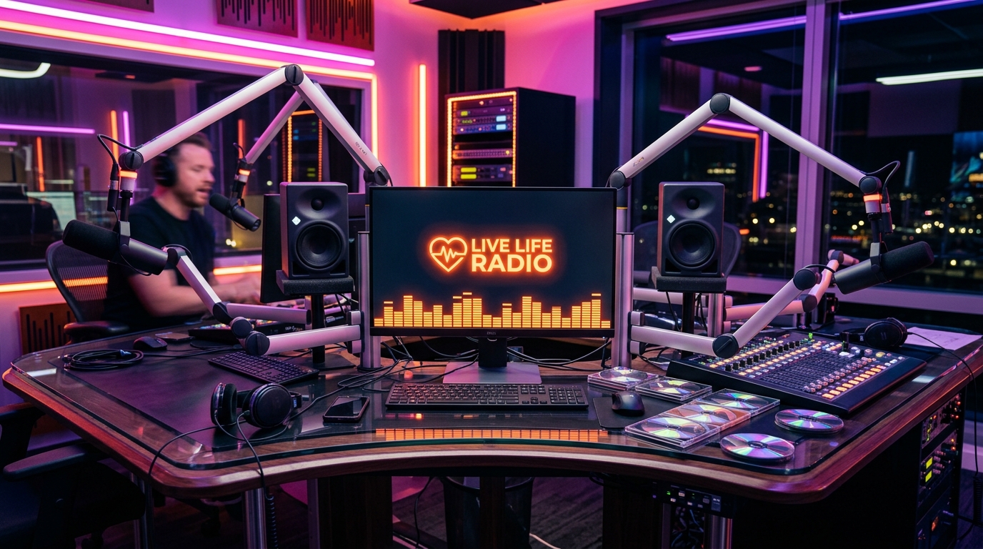 Cabina de Live Life Radio en directo